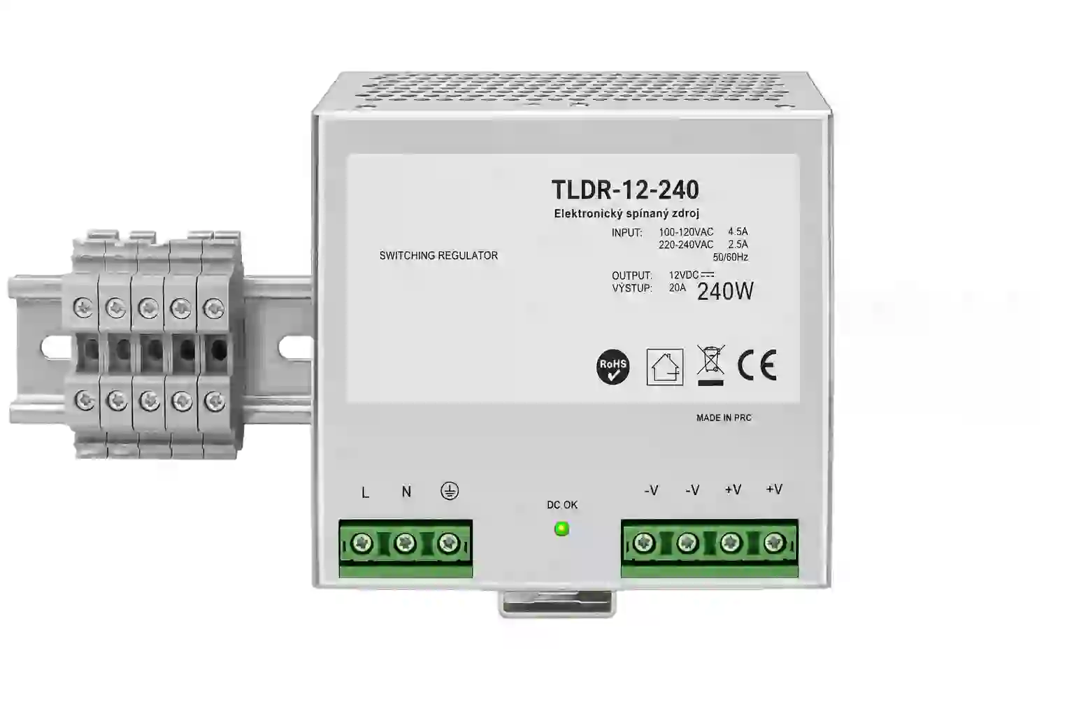 Montáž LED zdroje 12V 240W TLDR-12-240 na DIN lištu do elektrorozvaděče rozměry 125,5 x 125,2 x 100 mm